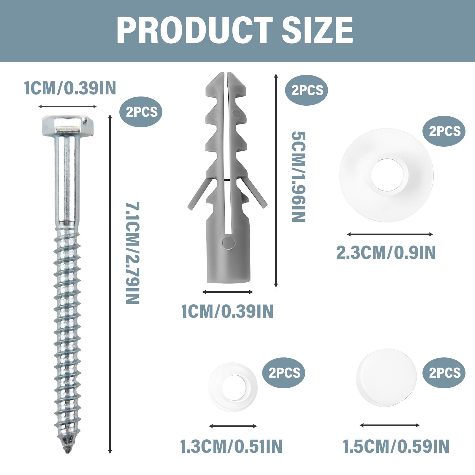 Toilet Bidet Anchor Bolts Set, Toilet Fixing Screws Kit White Cap Toilet Pan Floor Fixing Kit with Plastic Washers Toilet Fixing Pin for Floor Bathroom Toilet Toilet Mounting Accessories M6 x 70 mm - Image 2