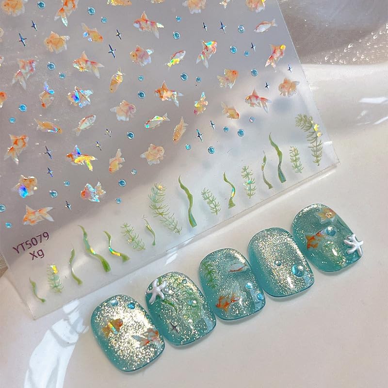 2 Sheets Crystal Goldfish Nails Decals, 3D Underwater Fish & Seaweed Stickers, Holographic Glitter Nail Art, Easy Peel & Stick, DIY Nail Decorations for Women