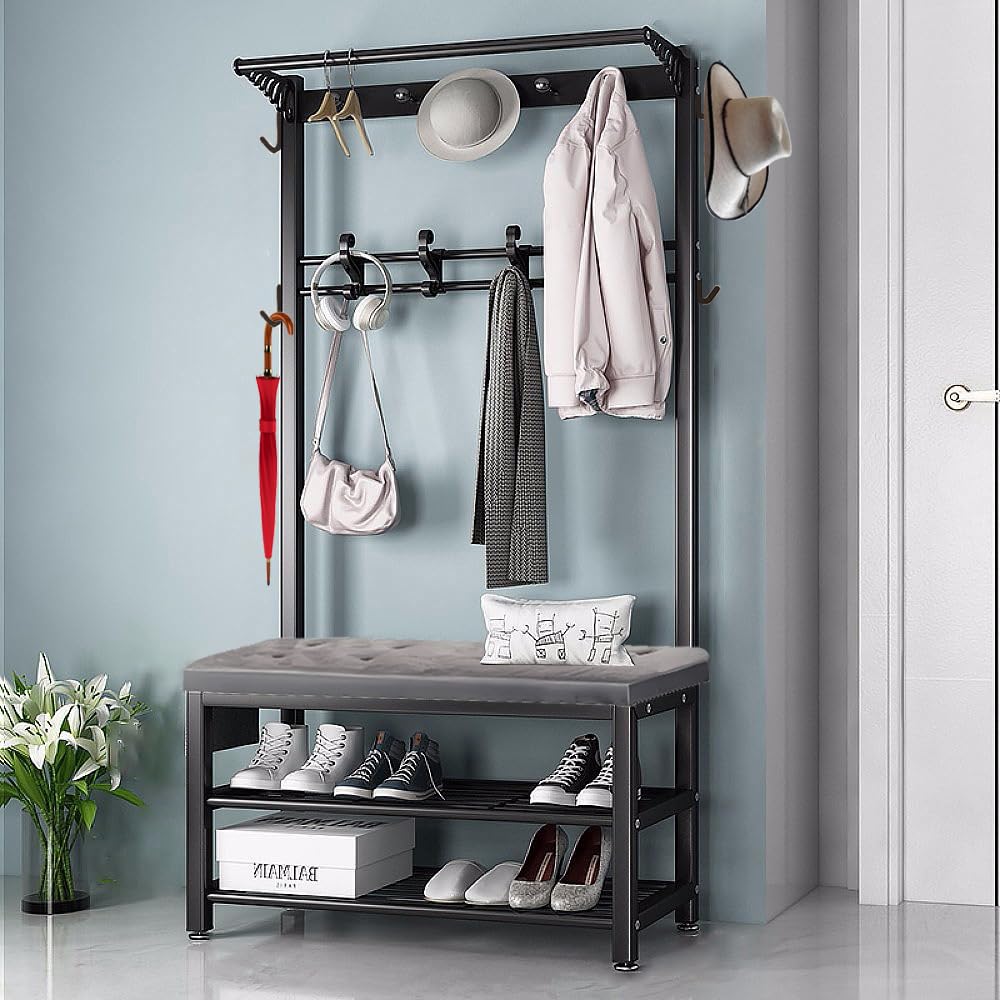 MSHGSKU Heavy Duty Freestanding Coat Rack with Shoe Bench | Industrial Hall Tree Storage Stand with Hooks | Easy Assembly for Entryway Living Room Bedroom