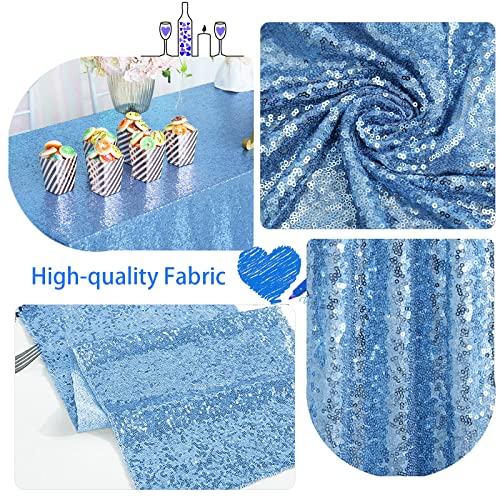 Image of B-COOL Sequin Tablecloth Birthday Party Decor: 120 Inch Round Table Cloth Baby Blue Glitter Fabric Overlay for Indoor Outdoor Dining Parties Home
