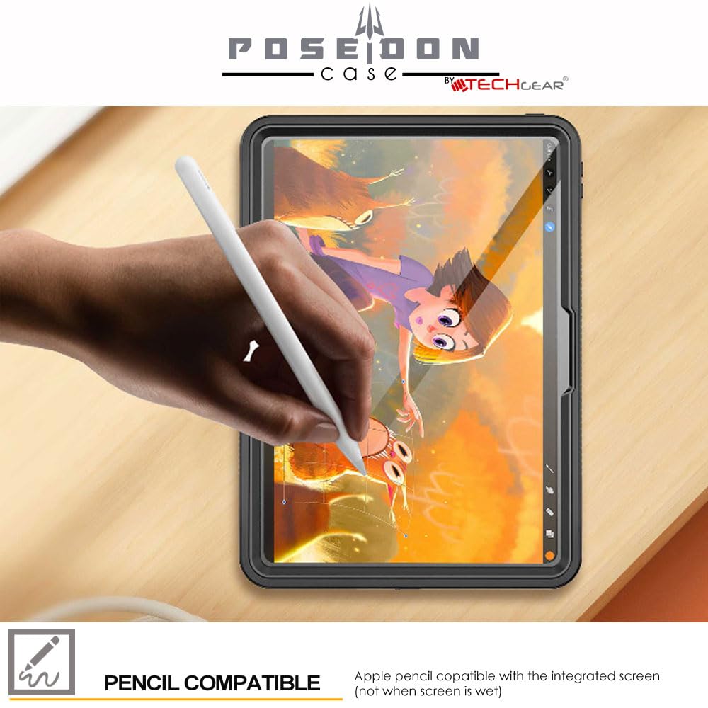 TECHGEAR Custodia impermeabile per iPad Pro 13" 2024 (M4) [Poseidon Case] Custodia sottile e robusta antiurto impermeabile con protezione schermo integrata + supporto e cinturino