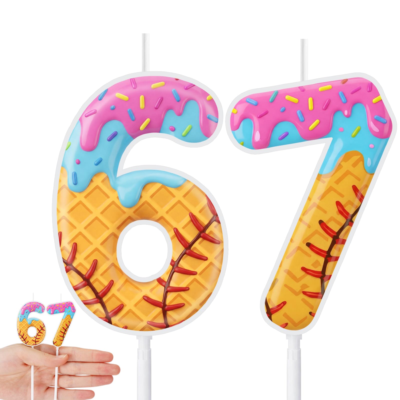 Photo 1 of ***NUMBER SIX ONLY*** 
Conelist 6 7 Baseball Ice Cream Drip Birthday Number Candles Baseball Drip Cake Topper Candle Cupcake Topper Decoration for Sport Theme Happy Birthday Party Favors Anniversary Supplies (2 Pcs)