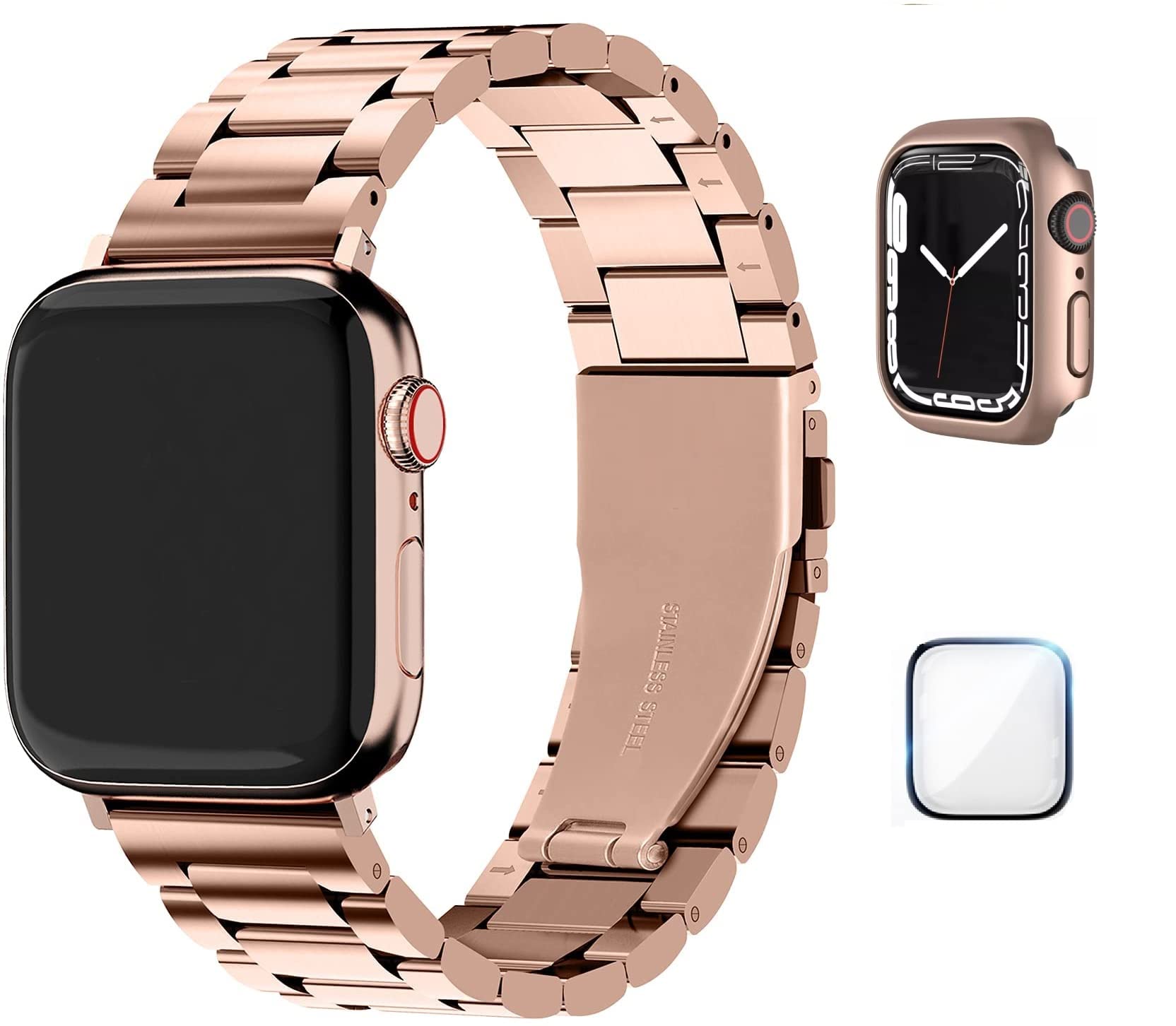 DadoStainless Steel Metal Strap Compatible Apple Watch Series 10 | Ultra 2 | 9 | 8 Ultra | 8 | 7 | 6 | SE with Add on Screen Protector | Case Protector