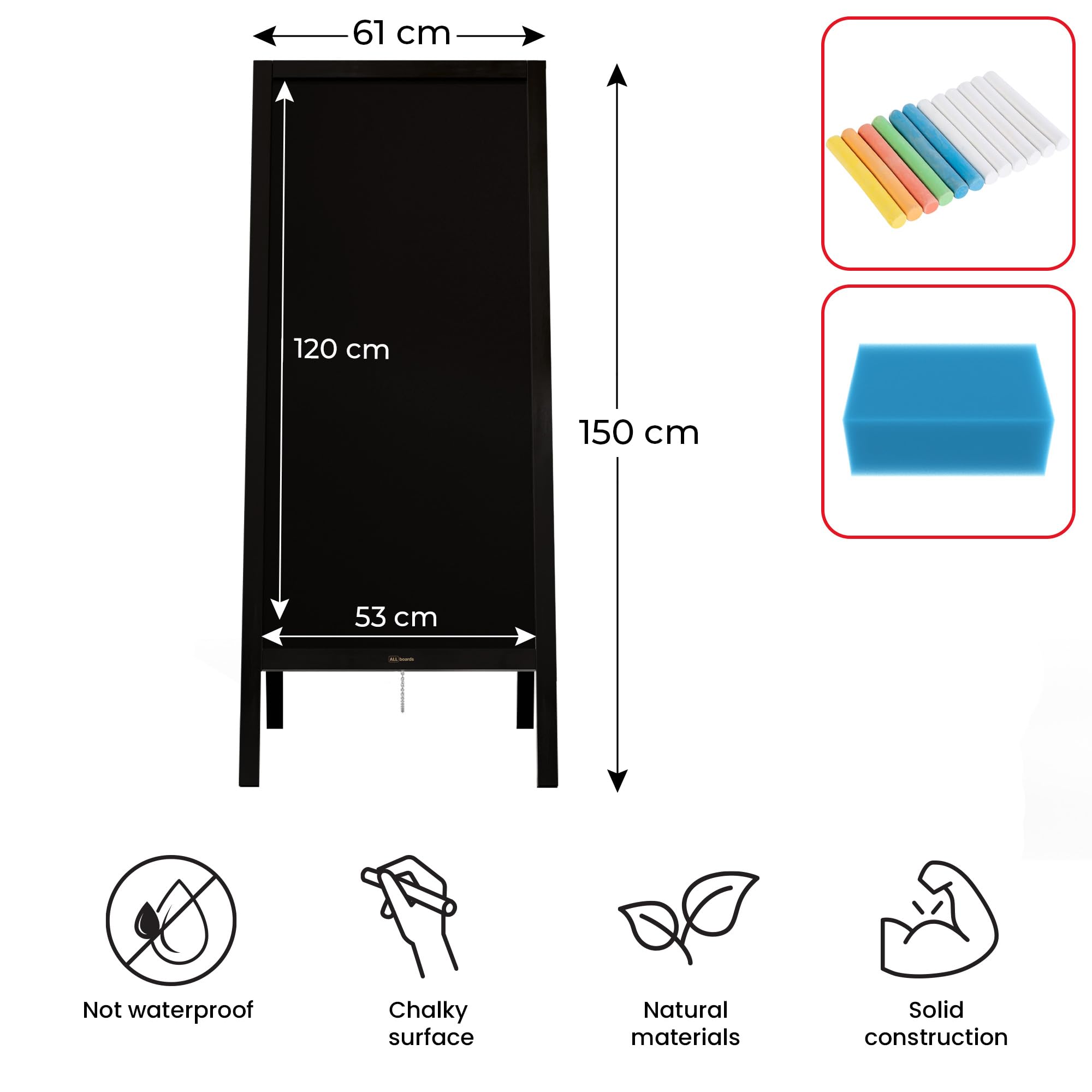 ALLboards Stopper per clienti con telaio in legno nero 150 x 61 cm, lavagna pubblicitaria, espositore per marciapiedi, cavaliere stradale, gesso