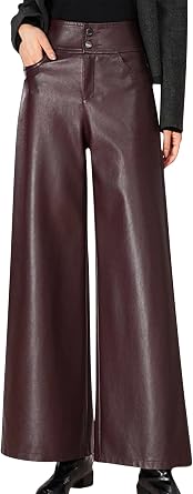 Lucrosun Trendy Faux Leather Pants High Waist Wide Leg PU Leather Palazzo Trousers Ancora Red-XS