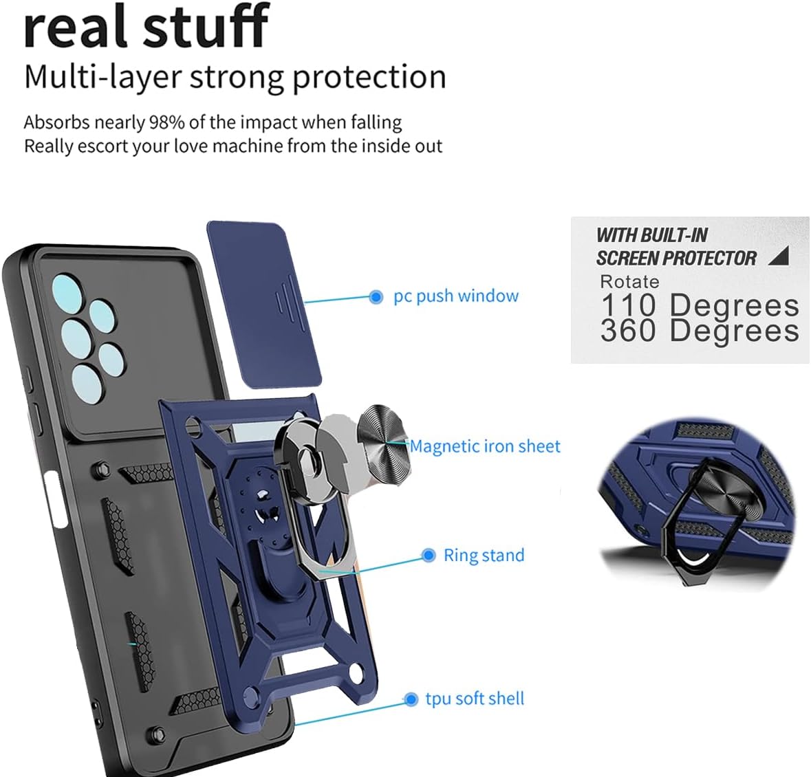 2-in-1 Case for Motorola Moto E14 / G24 /G04 Tempered Glass Case with Slide Camera Protection Cover Screen Protector Phone Case Heavy Duty Military Grade Protective Cover phone holder Case,Blue 7 61JDFQIyOPL. AC SL1202