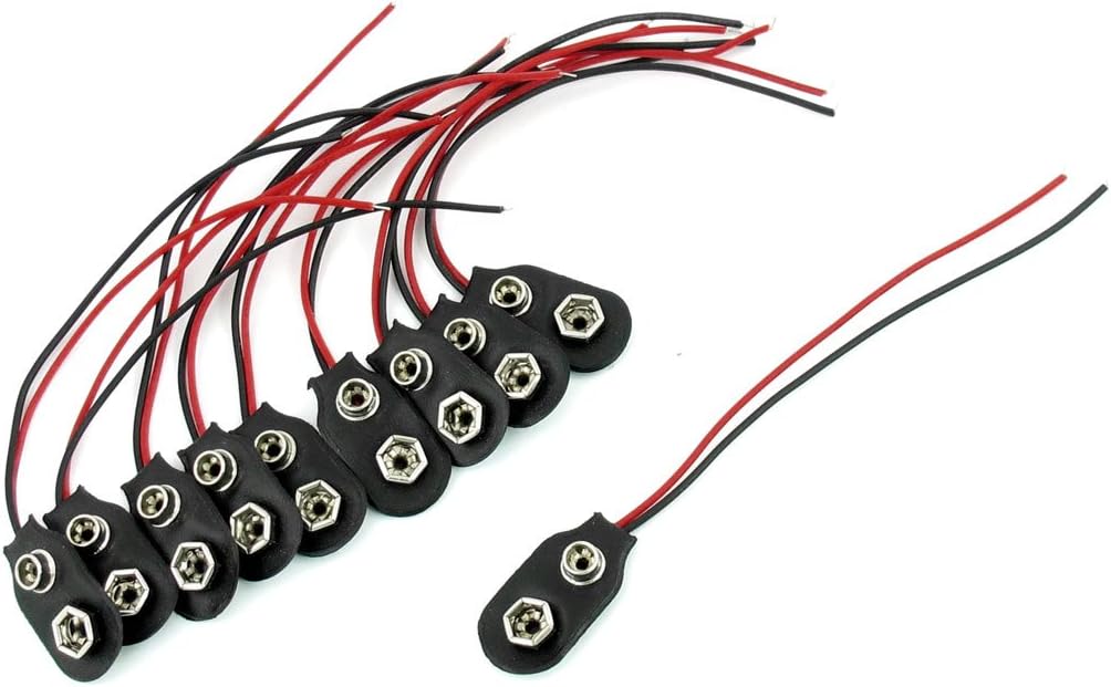 sourcing map 10 Pcs Snap 9V (9 Volt) Battery Clip Connector I Type Black w Cable