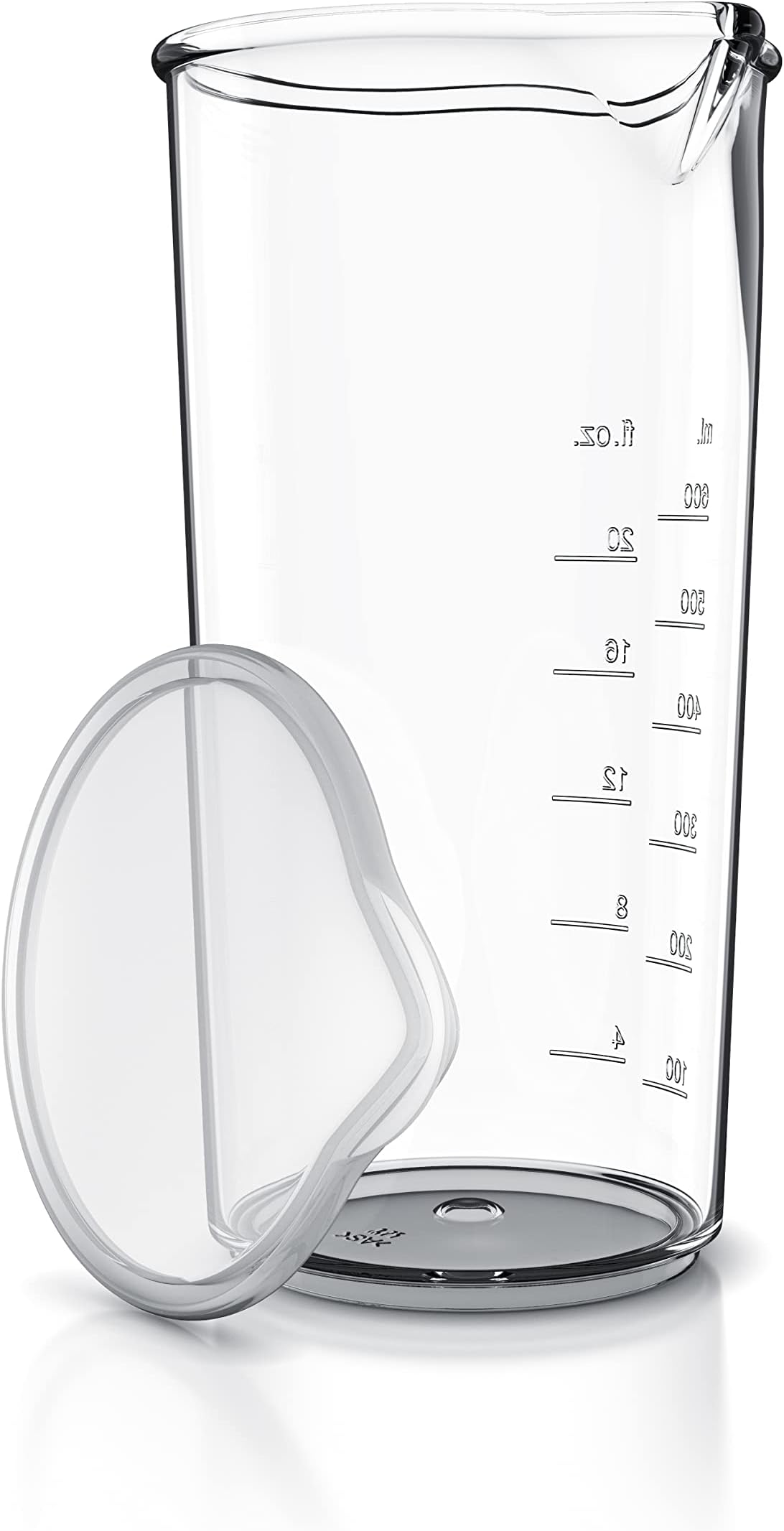 Measuring jug 600 ml with Measurements displayed, Mixing Jug, Blender Beaker with lid, 20 oz, Transparent Measuring Cup, Ideal for Hand Blender and Handheld Milk frother, Plastic