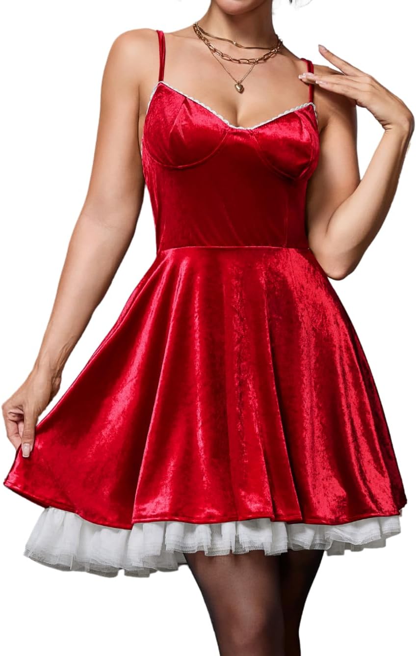 Women's Valentine Velvet Dress, Sexy Spaghetti Straps A-Line Swing Mini Party Dress with Lace Trim