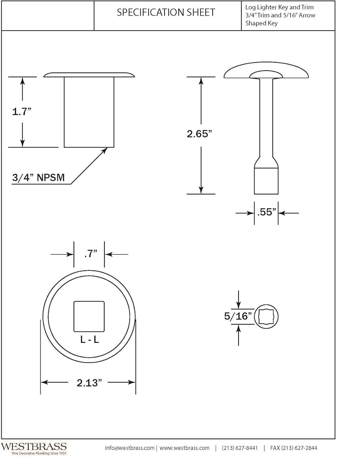 Westbrass A500-62 3/4" NPSM Gas Fire Pit and Fireplace Log Lighter Key Valve Trim Kit, Matte Black