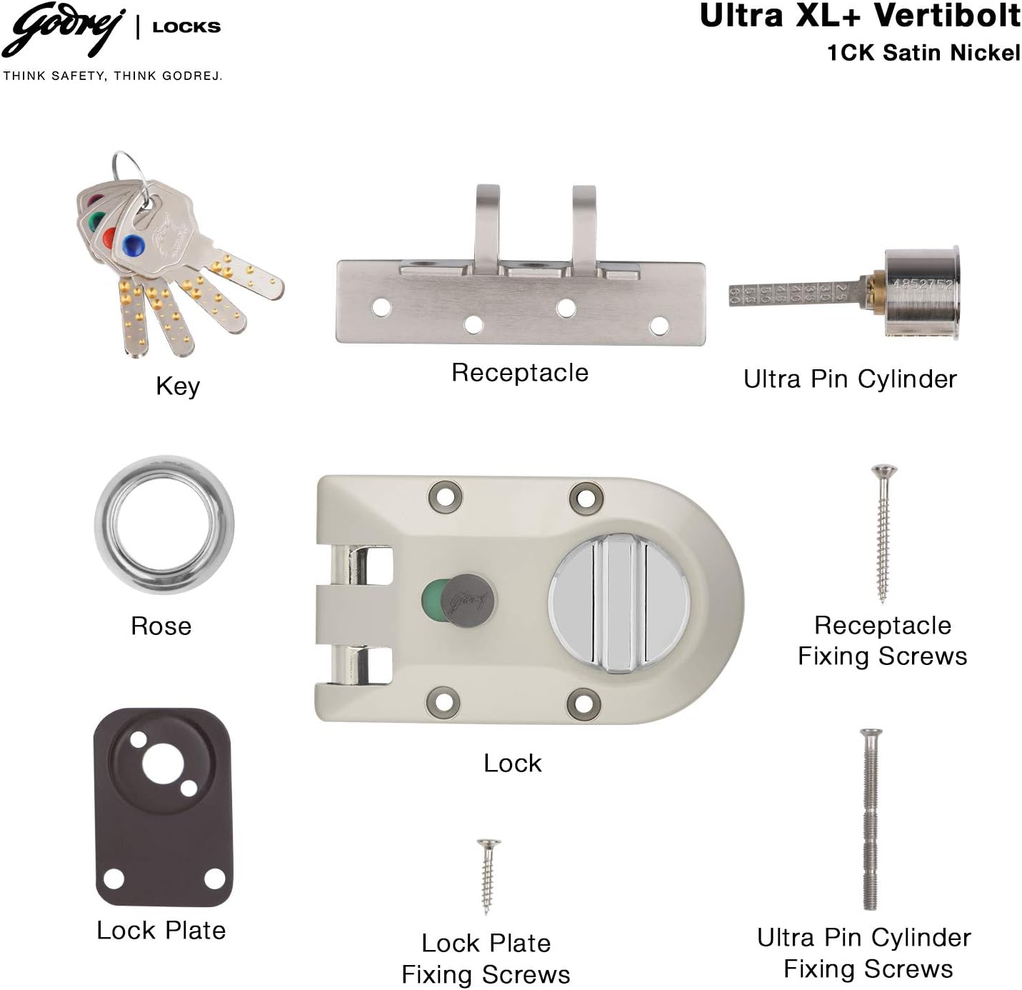 Godrej Locking Solutions and Systems Ultra XL+ Vertibolt 1CK Rim Lock for Main Door with 4 Keys, Suitable for Inside Opening Wooden Door Rim Lock (Satin Nickel, Pack of 1)