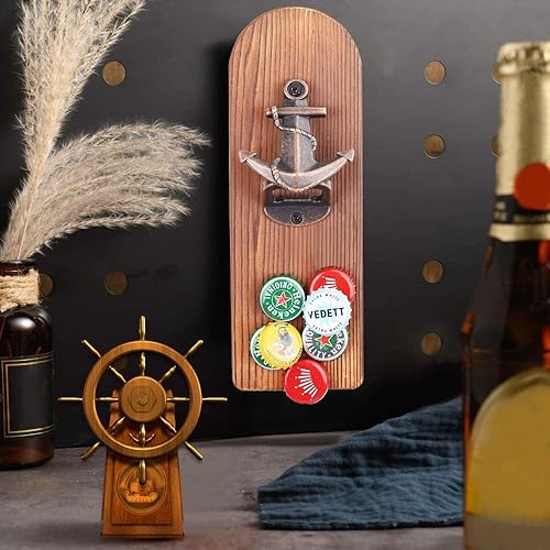 Miniatura 8 de LUCYLANKER Abrebotellas de cerveza montado en la pared con receptor de tapa magnética, abrebotellas magnético de madera para refrigerador, regalos