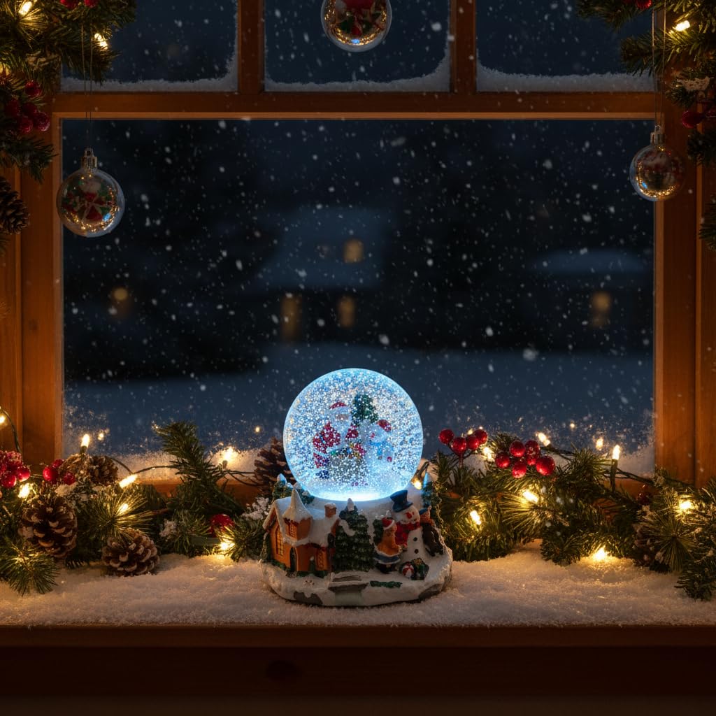 Schneekugel/Spieluhr mit Weihnachtsmann, Tannebaum und Schneemann 100mm, weihnachtlicher Sockel, Licht, Schneeantrieb, 15cm