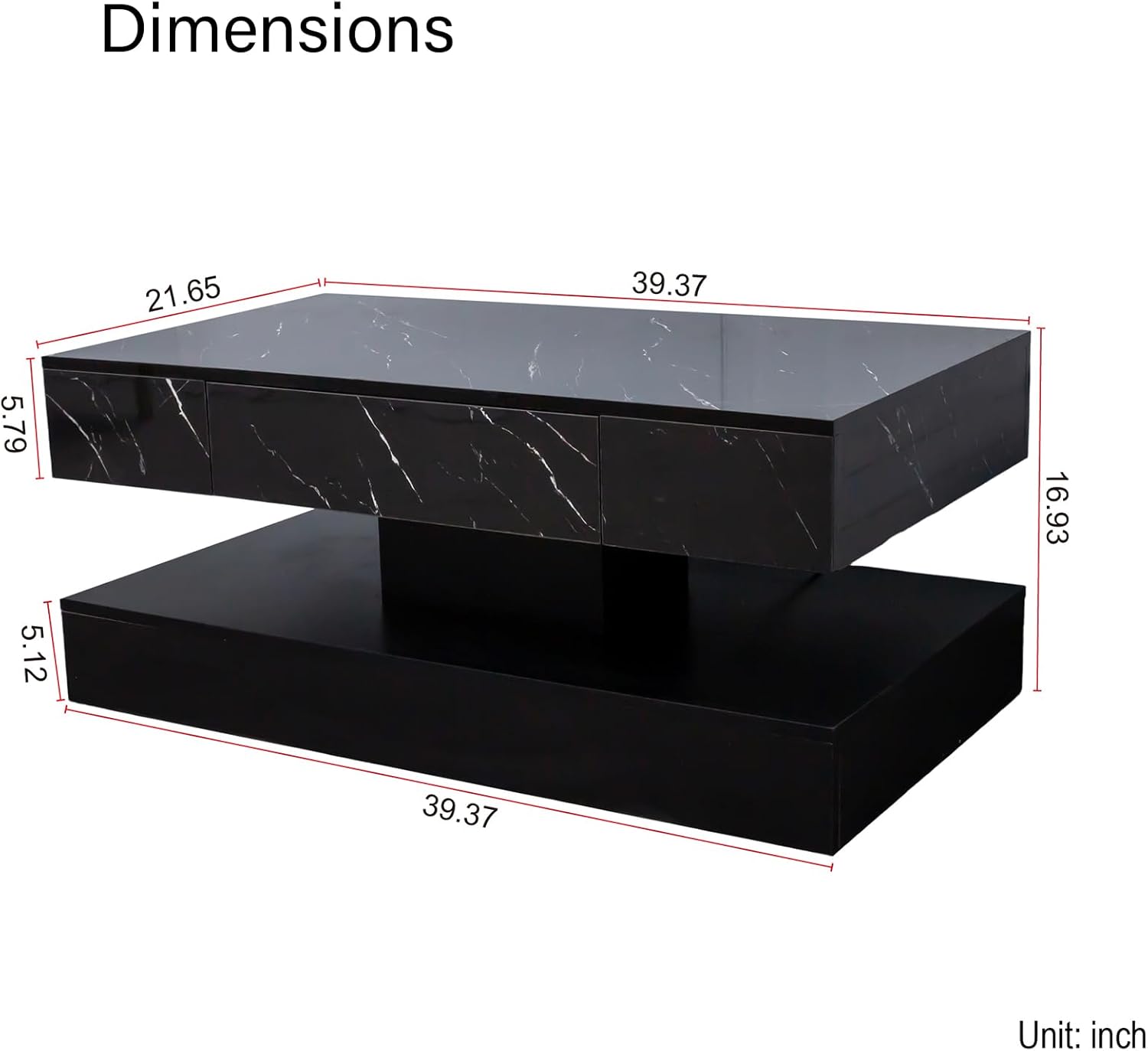 JOYSOURCE Coffee Table Black with 2 Drawers & LED Lights 39x22x17'' Rectangle Modern Coffee Table for Living Room with Open Storage Minimalist Center Table with Contemporary Marble Finish