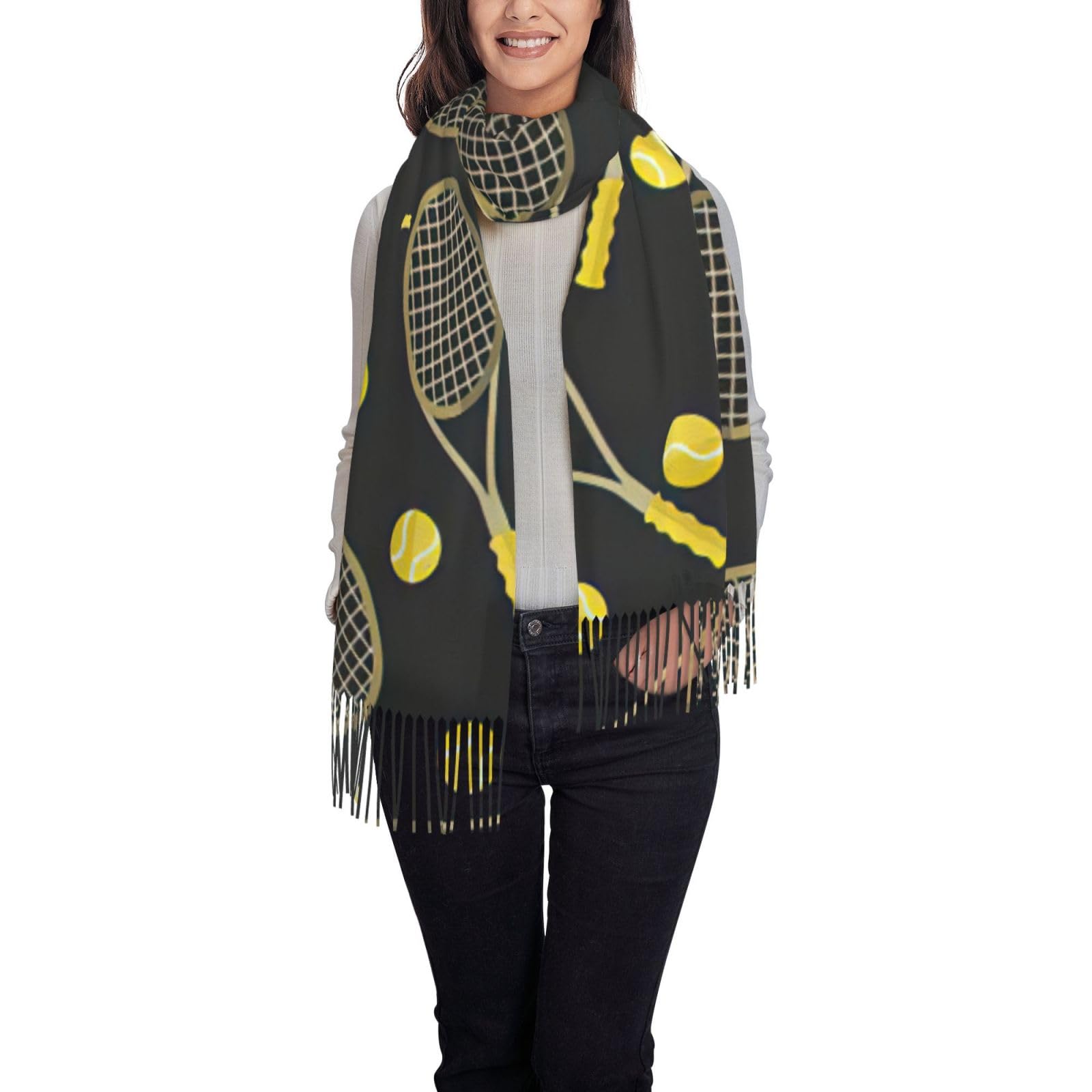 Flghjnbjn Women's Black Funny Tennis Racquets And Tennis Balls Print Winter Scarf For Shawl Cashmere Feel Tassel Plaid Large Oversized Scarves Wraps
