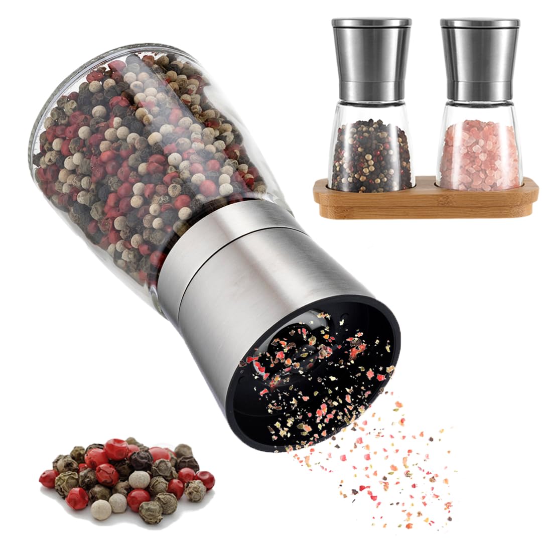 Zolmer® Salt and Pepper Mill with Bamboo Stand, Spice Mills Set of 2 Stainless Steel & Glass, Ceramic Grinder, Adjustable