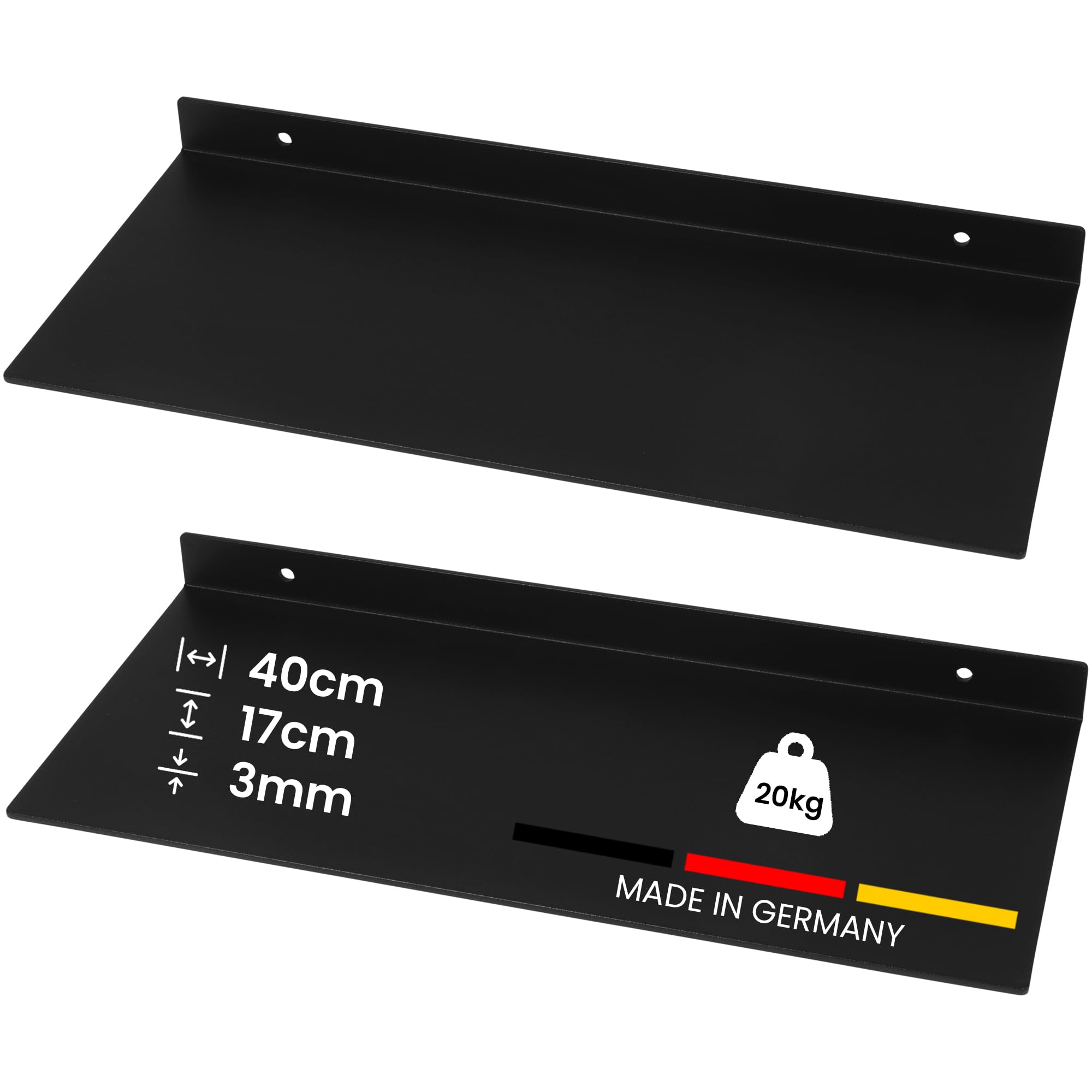 Wandregal Stahl 40 cm 2er Set – Metallregal schwarz matt – Regal Wand 3 mm Dicke – Bücherregal – Küchenregal hängend – Schweberegal inkl. Dübel, Schrauben