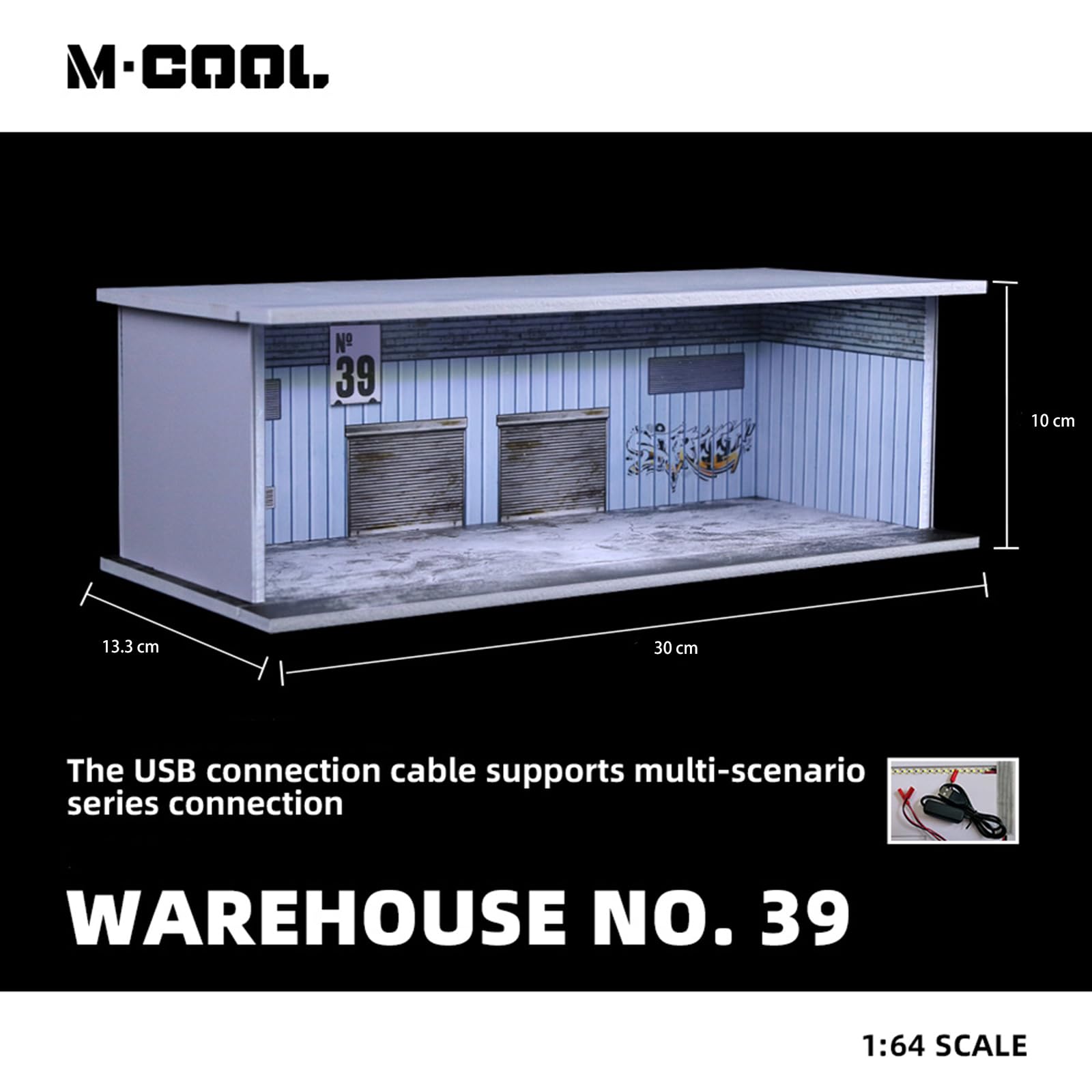 Vitrine modèle de voiture 1:64 avec éclairage LED et protection contre la poussière – PVC Diorama Parkgarage, Warehouse n° 39 Design – Empilable et connectable, rangement pour Hot Wheels, Matchbox