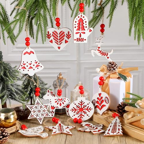 24 Pcs Double-Layer Scandinavian Folk Style Christmas Ornaments 3.7 Inch Wooden Nordic Christmas Tree Hanging Decorations Farmhouse Rustic Hanging Craft Ornaments Decor for Xmas Tree Home - Image 6