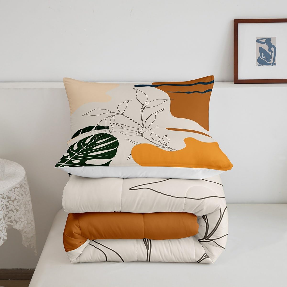 Palm Leaves Comforter Set Queen Size Boho Botanical Bedding Set for Young Retro Exotic Botanical Leaf Modern Art Abstract Sun Moon Green Yellow Down Comforter 3Pcs Bedding Comforters & Sets
