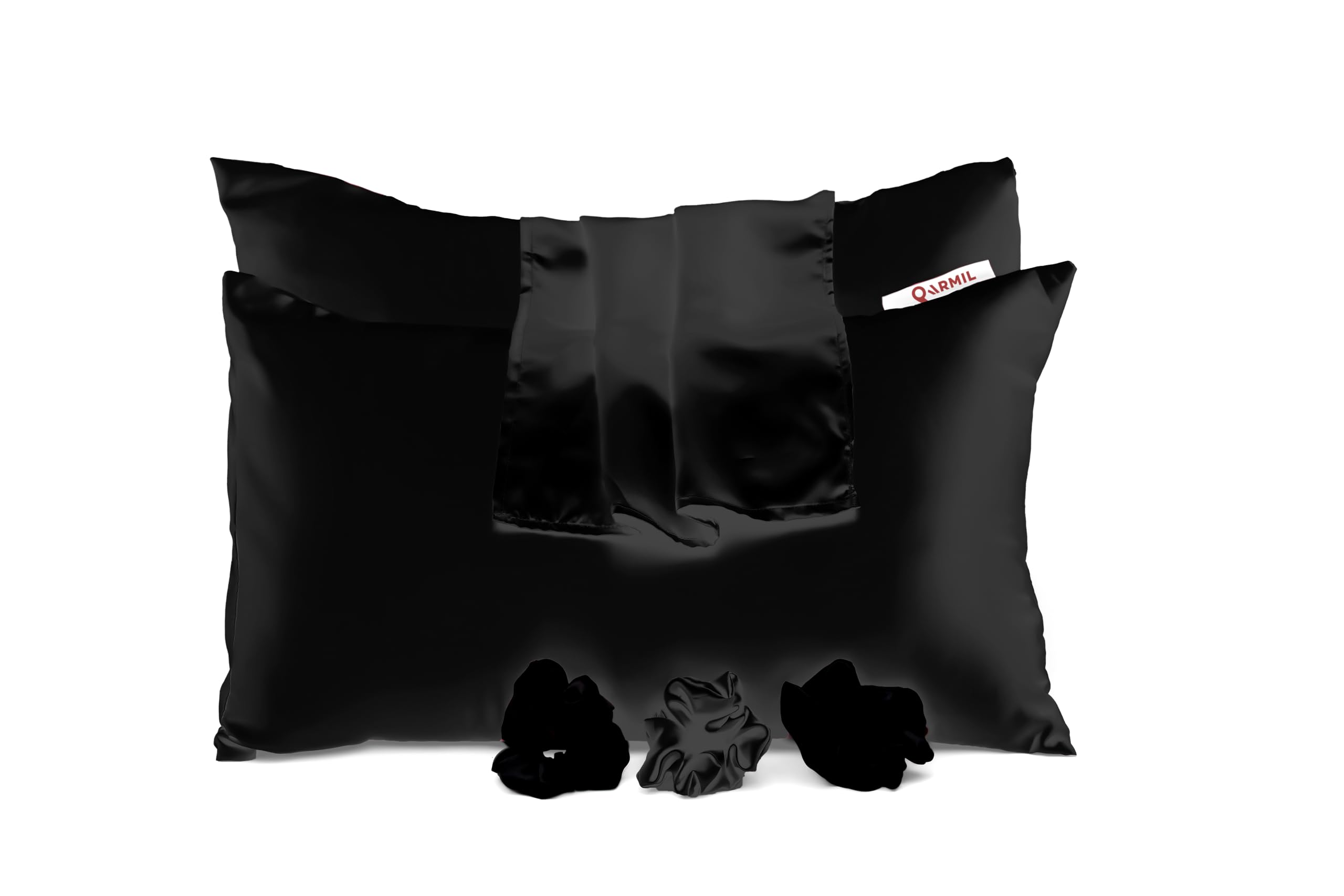 QARMIL Premium Satin Silk Pillowcase Set – 2 Black Pillow Covers (Standard Size) with Envelope Closure + 3 Free Random-Color Scrunchies | 800TC | Hair & Skin Friendly | 3-Piece Set for Women & Girls-image-14
