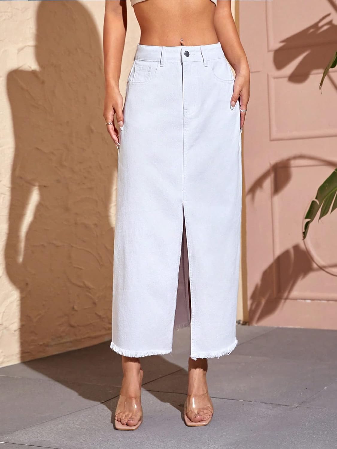 SweatyRocks Women's High Waist Split Thigh Raw Hem Denim Skirt Long Jean Skirt with Pocket - Image 3