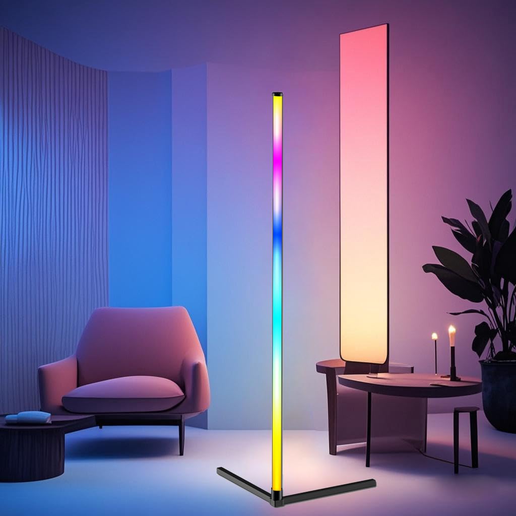 ThreeH Lampada d'angolo a LED con APP e telecomando Luce d'ambiente con impostazione del timer di sincronizzazione musicale Lampada da terra RGB alta 85 cm