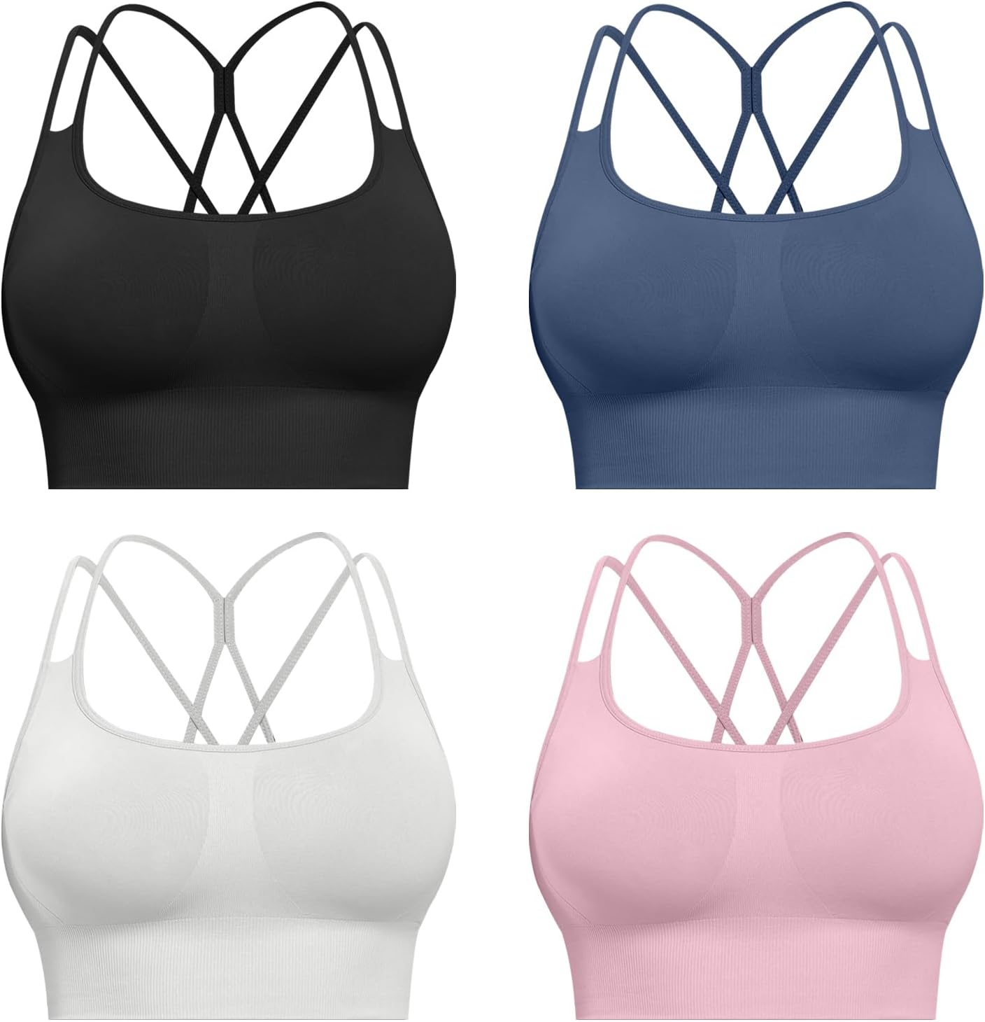 CHRLEISURE Sports Bras for Women, 4 Packs Padded High Support Workout Yoga Seamless Criss-Cross Racerback Bras