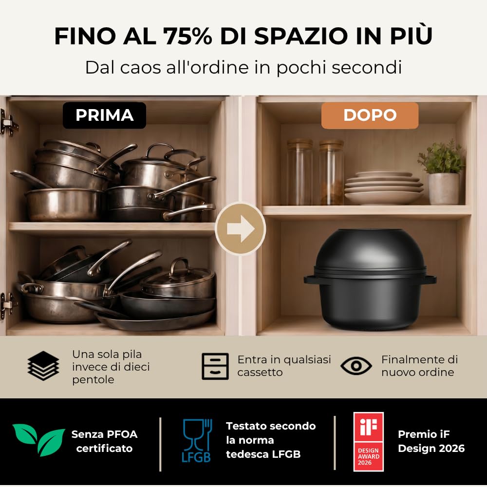 Pro - Set di pentole e padelle a induzione, 12 pezzi, manico rimovibile, impilabile, salvaspazio, adatto al forno, senza PFAS, rivestimento antiaderente, coperchio in vetro con bordo