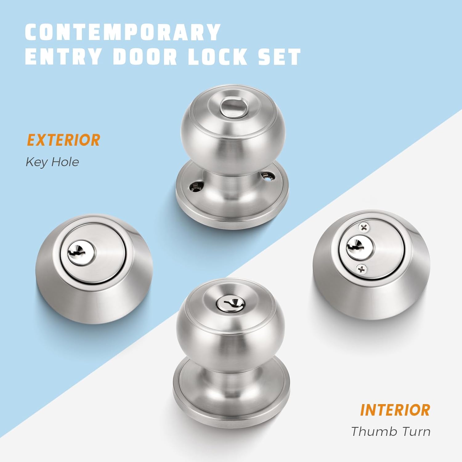 KNOBWELL 3 Pack Keyed Alike Door Knob and Double Cylinder Deadbolt Set, Exterior Door Lock Set, Double Keyed Door Knob, Satin Nickel Front Door Lock