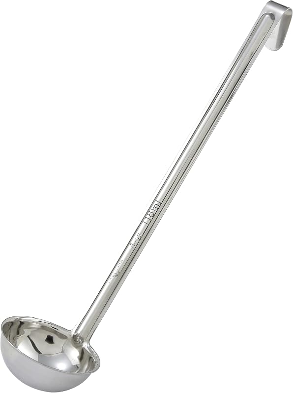 Winco - LDI-4 Cucharón de acero inoxidable Winco, 4 onzas | Apto para lavavajillas, Salsas, Servicio de restaurante, Ideal para sopas, salsas, guisos y servicio de buffet.