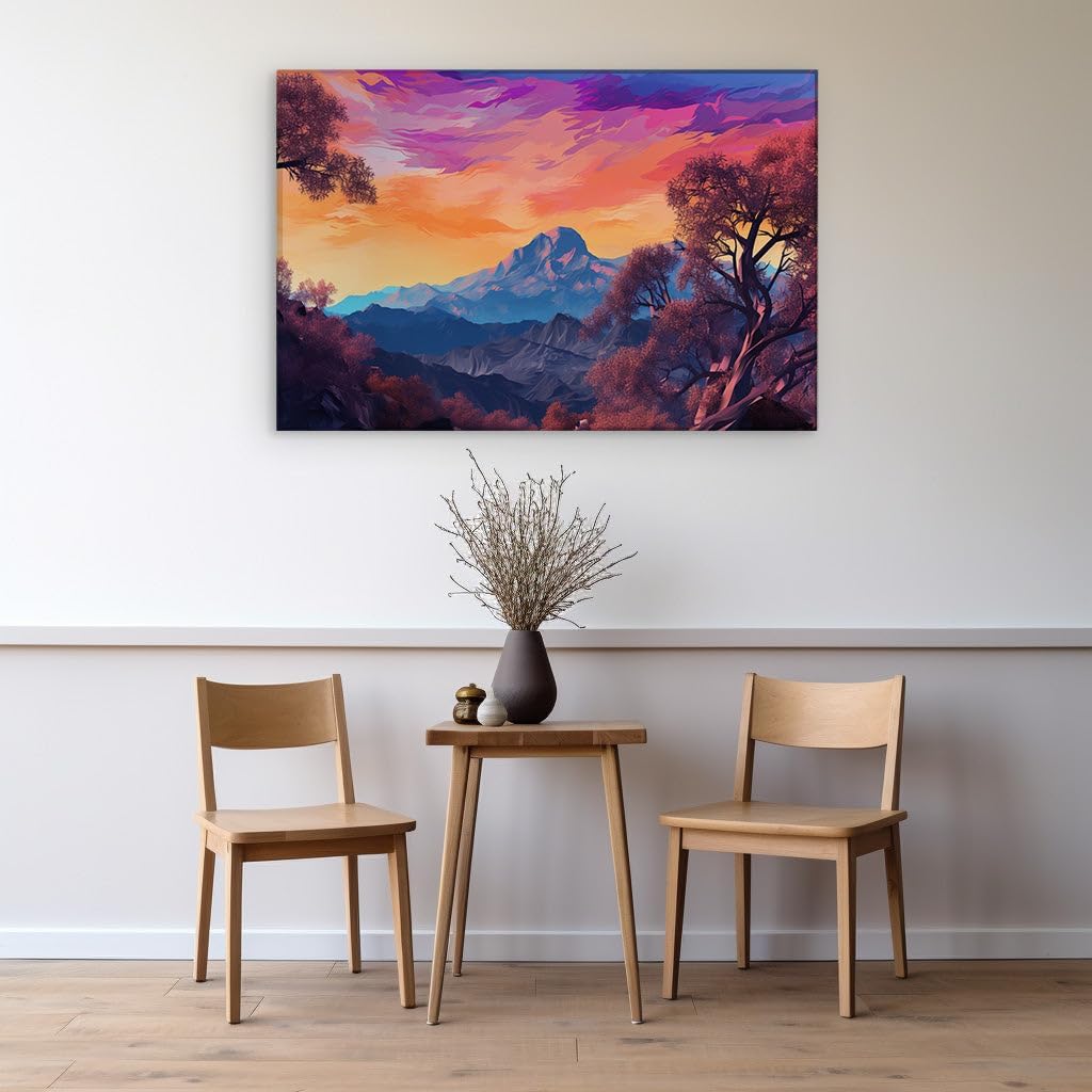 Canvas for Living Room. Sunset Serenade Over Majestic Mountains - A Digital Tapestry of Nature's Finest Moments, 27 x 18 inch Canvas Wall Art - Surrealistic Visions - Modern Home Decor