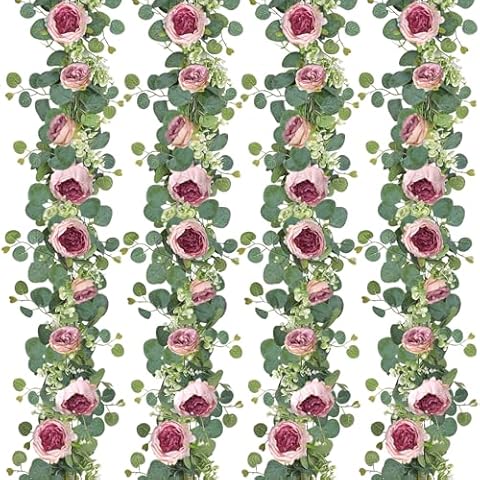 SOMYTING Artificial Flowers Garland 6FT Eucalyptus Flower Garland Vintage Peony Rose Vine Faux Floral Garland for Wedding Party Arch Table Wall Backdrop Decoration (Vintage Pink, 4PCS) Cover