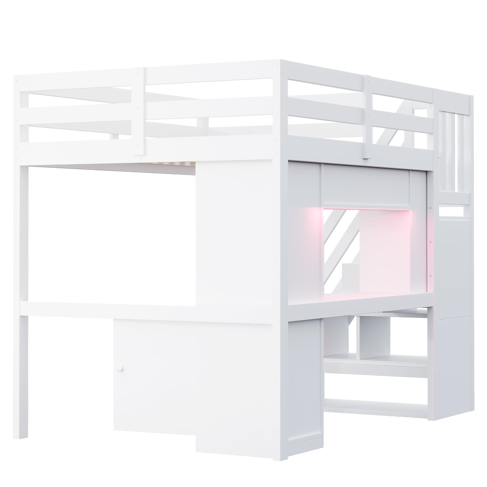 Letto a soppalco con scale, letto in legno bianco, con vano portaoggetti, scrivania, scaffali, illuminazione a LED e prese standard UE e griglie di sicurezza elevate (140 x 200 cm (dimensioni