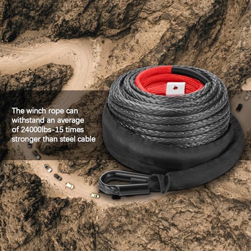 HEDGFOX Black Synthetic Rope Winch Rope 3/8\'\' x 80\' with 24000 lbs Strength,Winch Line with Protective Sleeve for 4WD Off-Road Vehicle Truck SUV Jeep
