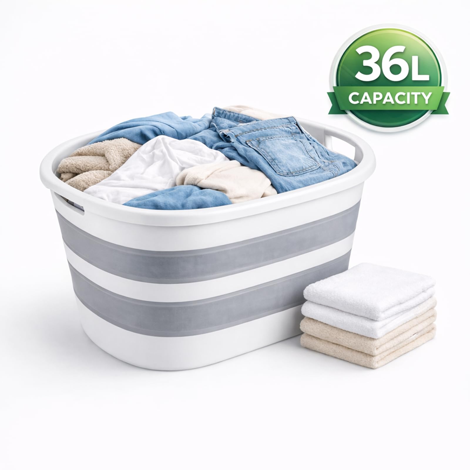 ForenTex Cesta Ropa Sucia Plegable 36L con 2 Bolsas de Lavado, Cesto Ropa Sucia Plástico TPR+PP Resistente, Barreño Colada Plegable Ahorra Espacio para Baño, Lavandería y Dormitorio, Gris y Blanco - 3