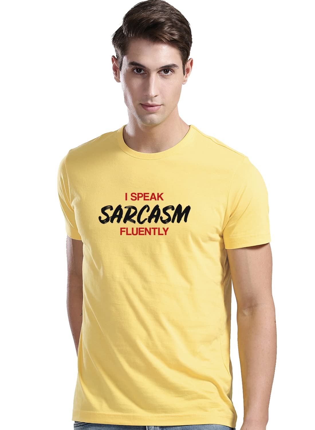 ADROMen's I Speak Sarcasm Fluently Printed T-Shirt (RNR-M-SCM-LY_Light Yellow_M)