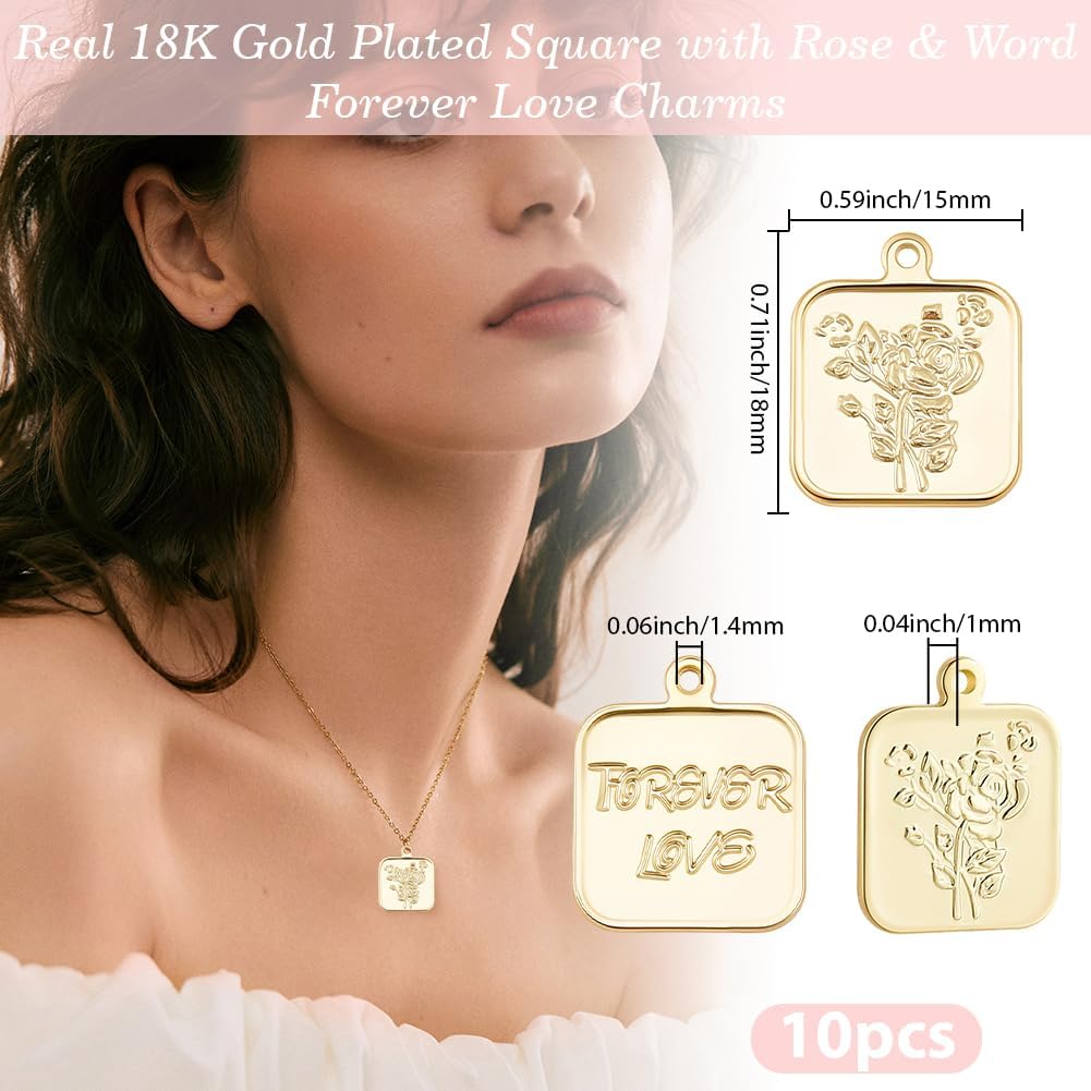 Beebeecraft 10Pcs Rose Charms for Jewelry Making, 18K Gold Plated Square with Floral Word Forever Love Flower Tag Charm for DIY Crafts Pendant Necklace Bracelet Valentine's Day