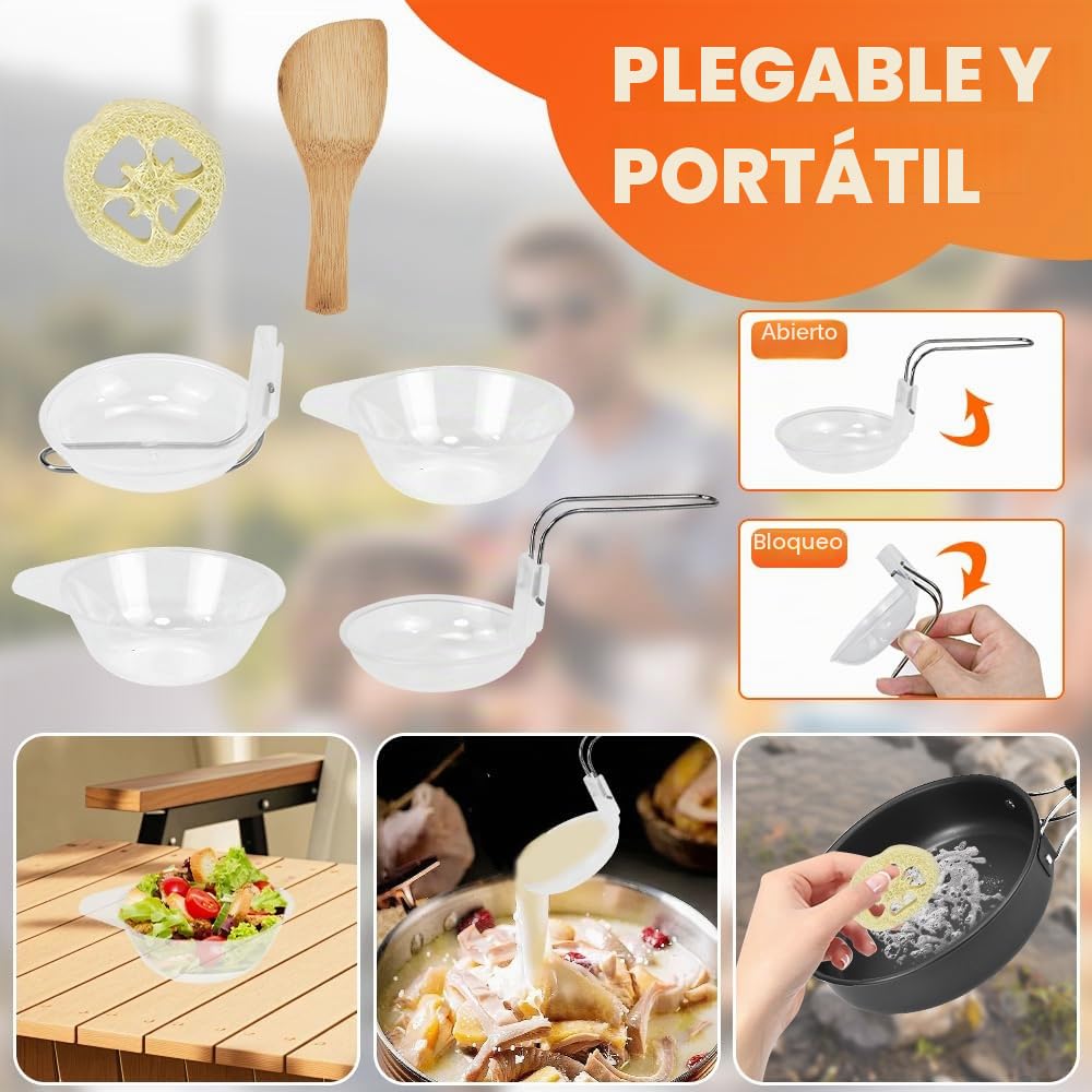 9 pcs Utensilios de Cocina para Camping, Juego de Ollas y Sartenes para Camping Vajilla para Acampada Portátil, Kit Utensilios de Cocina Camping para 2-3 Personas para Senderismo Picnic