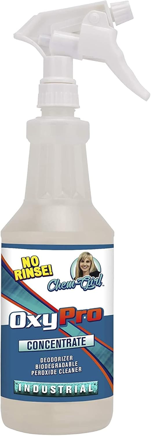 Chem-Girl OxyPro Concentrated Multi-Purpose Surface Cleaner to the Rescue - Chlorine-Free, Oxygen-Powered Stain & Odor Remover, 5 Percent Hydrogen Peroxide (H2O2), 1 Quart