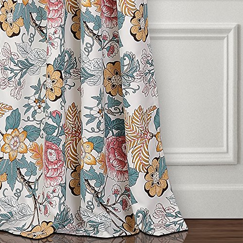 Floral Curtains for Bedroom and Living Room - Blue & Yellow Botanical Design - 2 Panel Set
