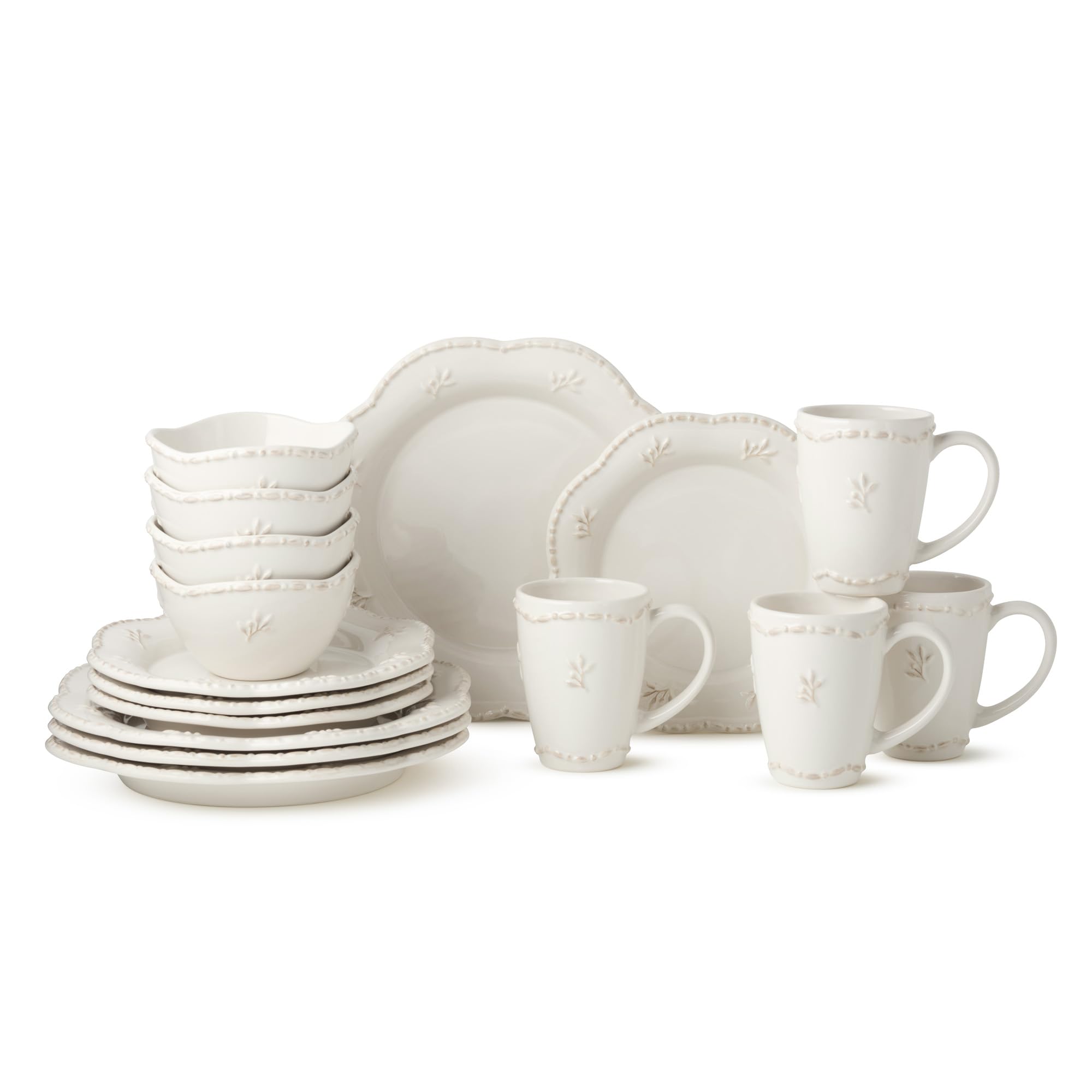 Heritage Beads 16pc Stoneware Dinnerware Set – Classic Cream White Plates, Bowls & Mugs w…