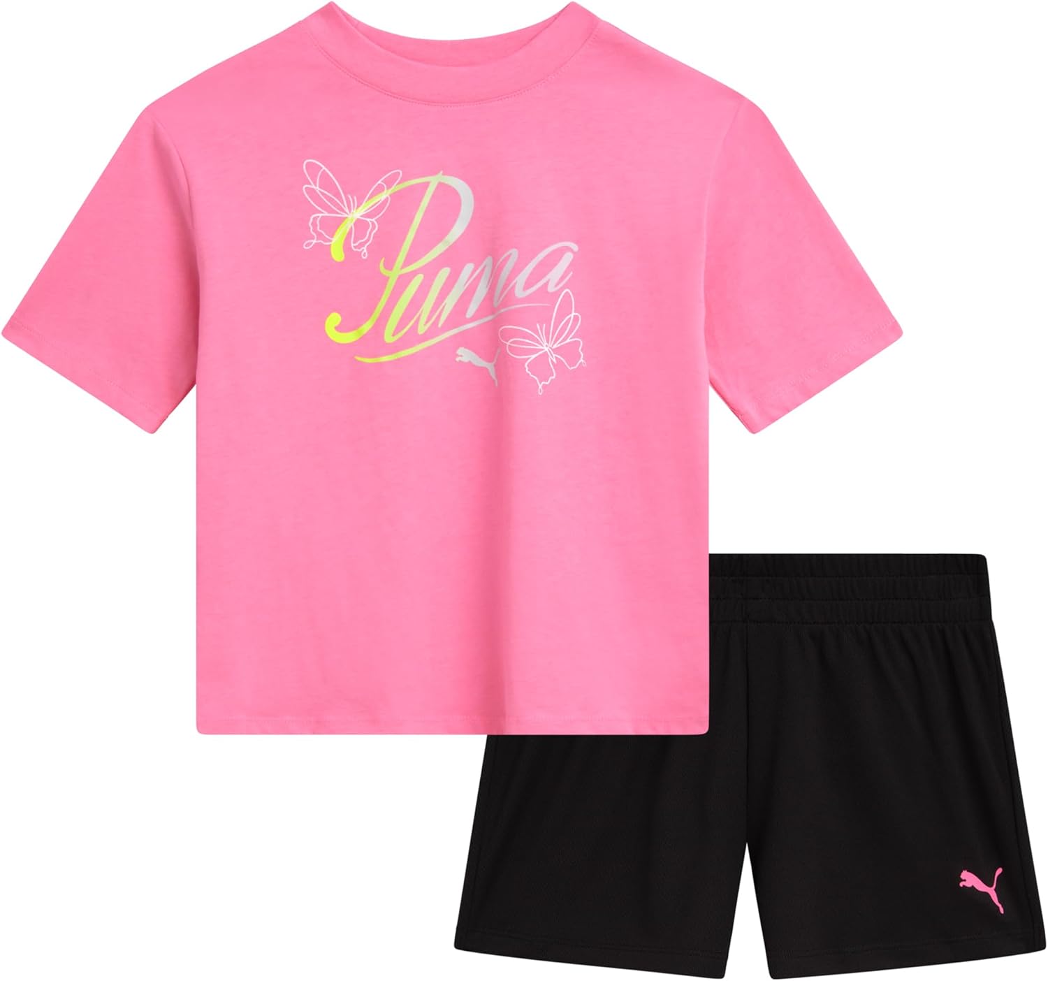 PUMA Girls Athletic Shorts Set - 2 Piece Active Performance TShirt and Gym Bike Kids Shorts Girls Activewear Set (7-14)