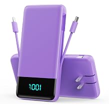 Portable Charger Power Bank for iPhone with Built-in Cables and AC Wall Plug, 13800mAh Ultra Slim Travel Essentials,USB C Fast Charging External Battery Pack for iPhone 17/16/13,Galaxy,Android-Purple