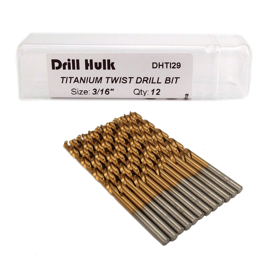 Pack of 12, 3/16-Inch Titanium Nitride Coated Drill Bit, Premium M2 High Speed Steel, Jobber Length, for Metal, Plastic, Wood