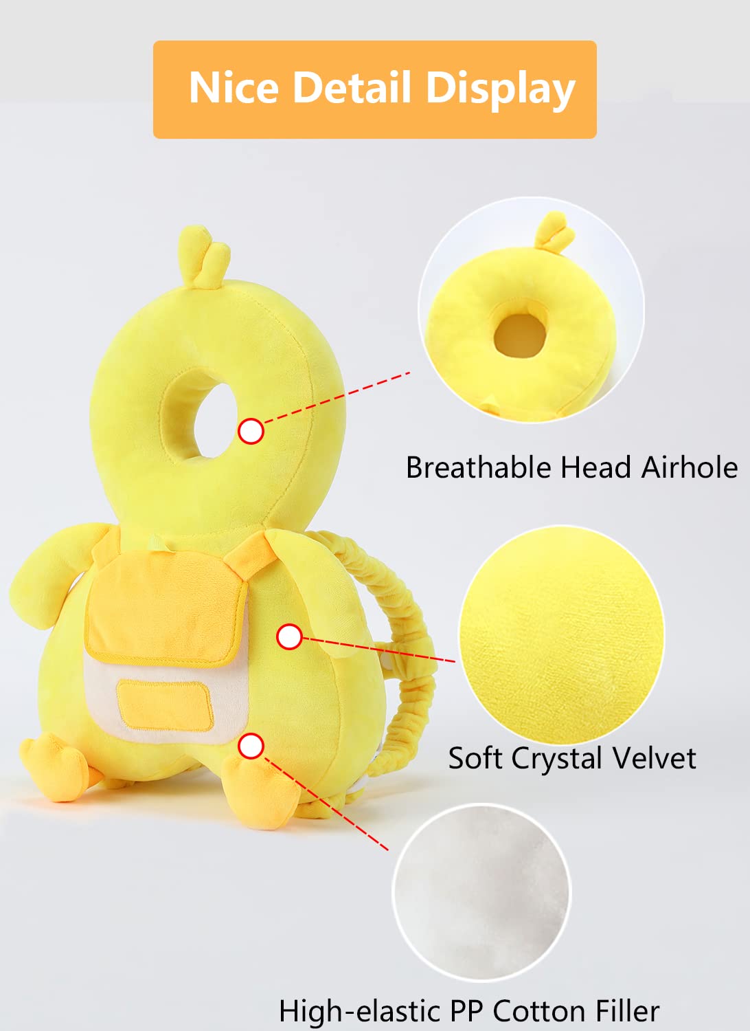 JunNeng Baby Head Protector Backpack with Squeaker, Knee Pads, Anti-Slip Socks, Yellow Duck Sets