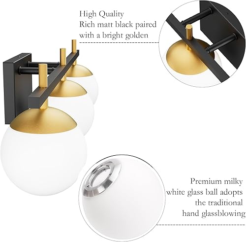 Miniatura 5 de Ralbay Luces de tocador modernas de mediados de siglo con 3 luces de vidrio lechoso sobre espejo, lámpara de pared negra y dorada para baño (excluye