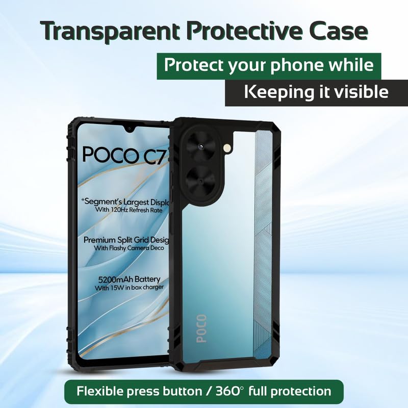 Image of AIBEX Crystal Clear Back Cover Case for Poco M7 5G / Redmi 14C 5G / Redmi A4 5G / Poco C75 5G | Shockproof & Slim Design | 360 Protection | Transparent Non-Yellowing Back Cover