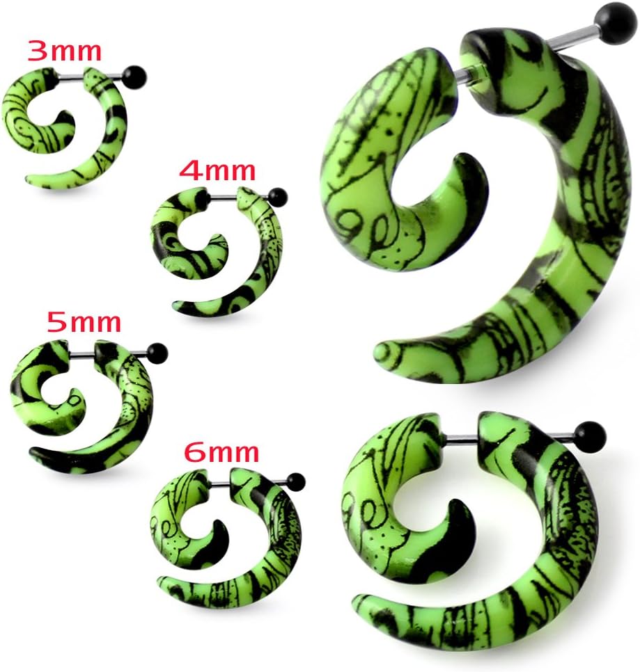 Black Tribal Tattoo on Light Green Spiral UV Acrylic with 16 Gauge 316L Surgical Steel Fake Ear plug - Fauxs Plug - Gauge Earring Body Piercing Jewelry