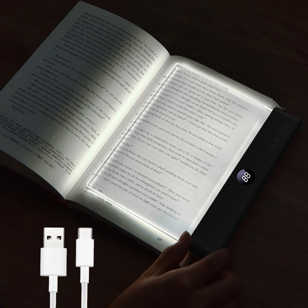 Strackvial Book Light, 3 Color Adjustable LED Flat Reading Light, Rechargeable Clear Panel Plate Lamp with Timer & Memory Function, Bedside Lamp Book Lovers Gifts for Boys and Girls Women Man (Black)